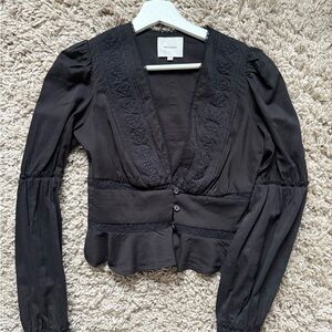 Reformation Black Blouse with Peplum and Puffed Sleeves